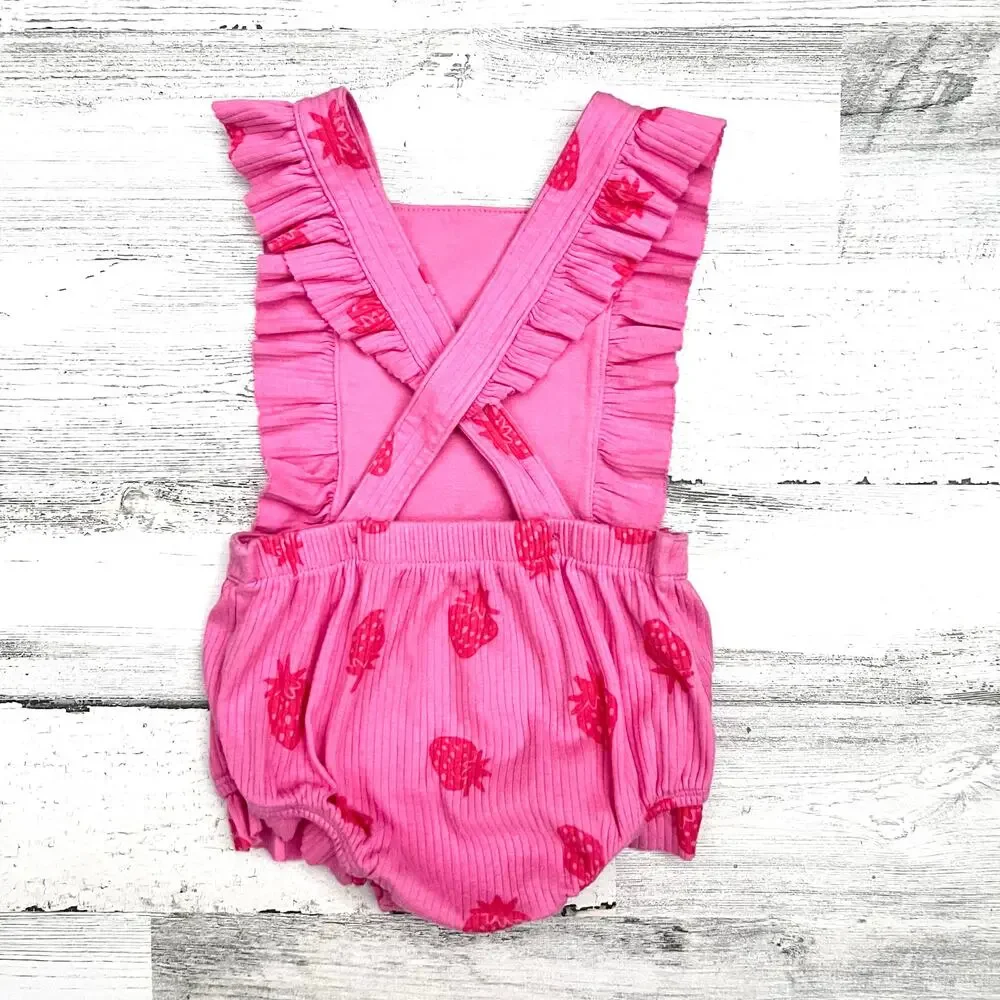 🍄3/$15 Cat & Jack Ribbed Romper Baby 18M Pink Strawberry Print Adjustable Ruffle